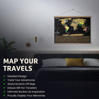 Scratch off World Map, Deluxe Travel Tracker Poster with Flags, Detailed Cartography, Gift Idea for Travelers, Map Lovers, Wall Art, Home or Office Decor, 17X24 Inches
