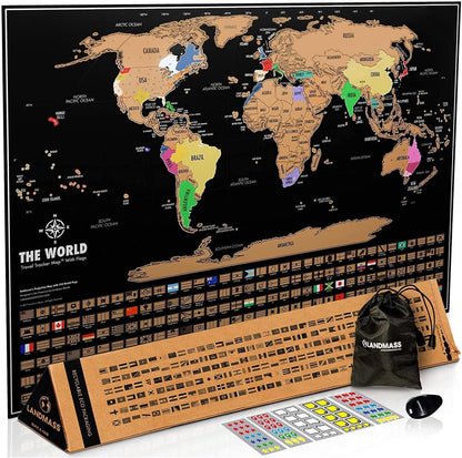 Scratch off World Map, Deluxe Travel Tracker Poster with Flags, Detailed Cartography, Gift Idea for Travelers, Map Lovers, Wall Art, Home or Office Decor, 17X24 Inches